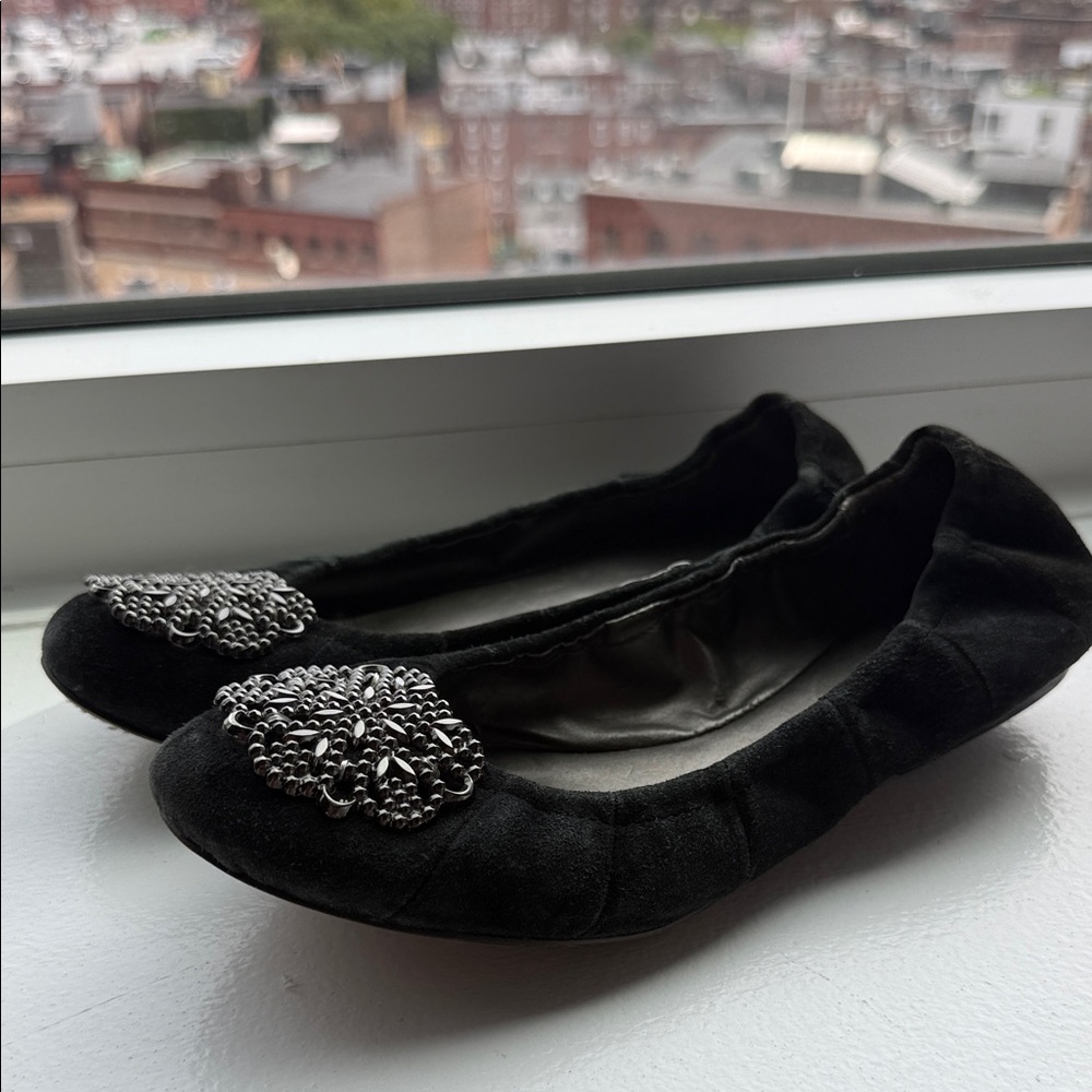 Tahari Black Flats with Silver Embellishment